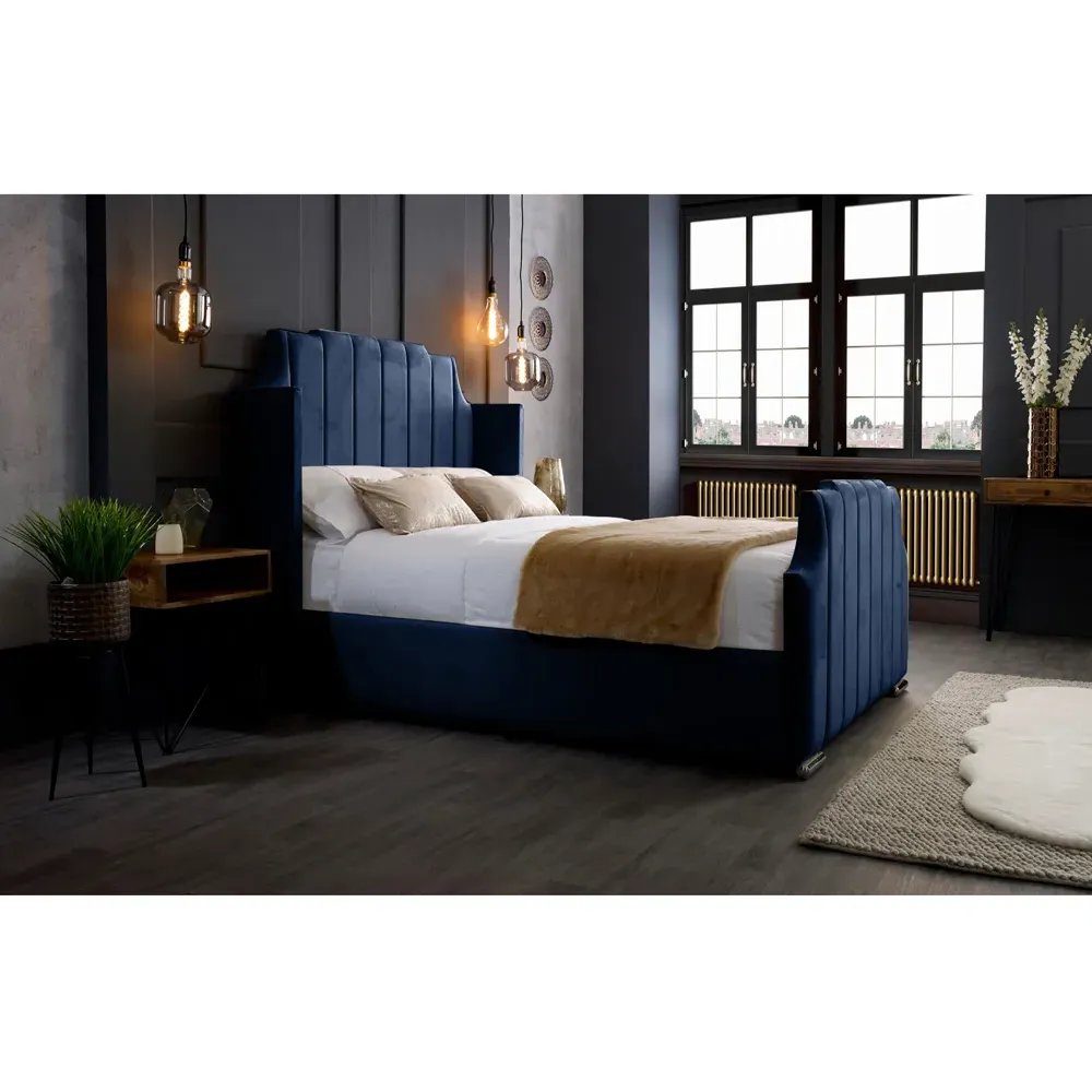 Nelly Super King Size Bed Frame with Winged Headboard - Blue, Velvet