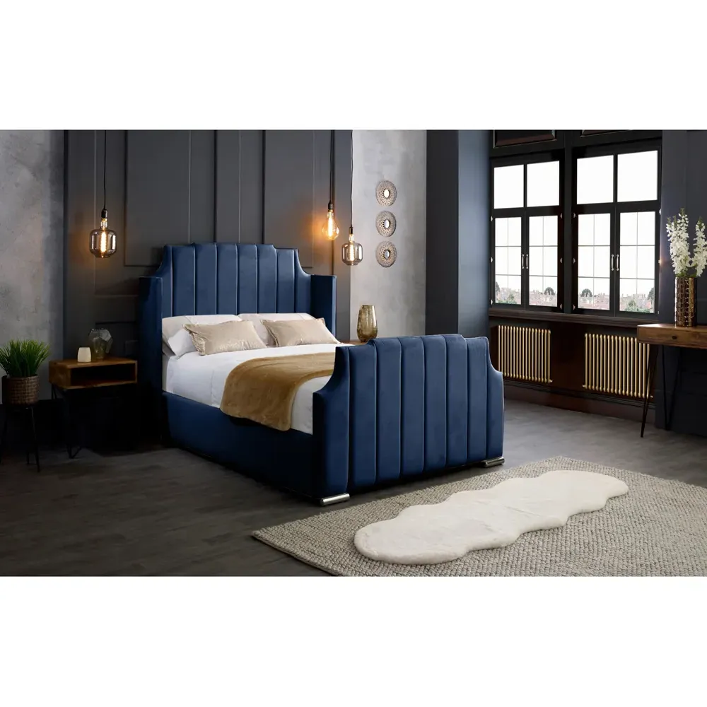 Nelly Super King Size Bed Frame with Winged Headboard - Blue, Velvet