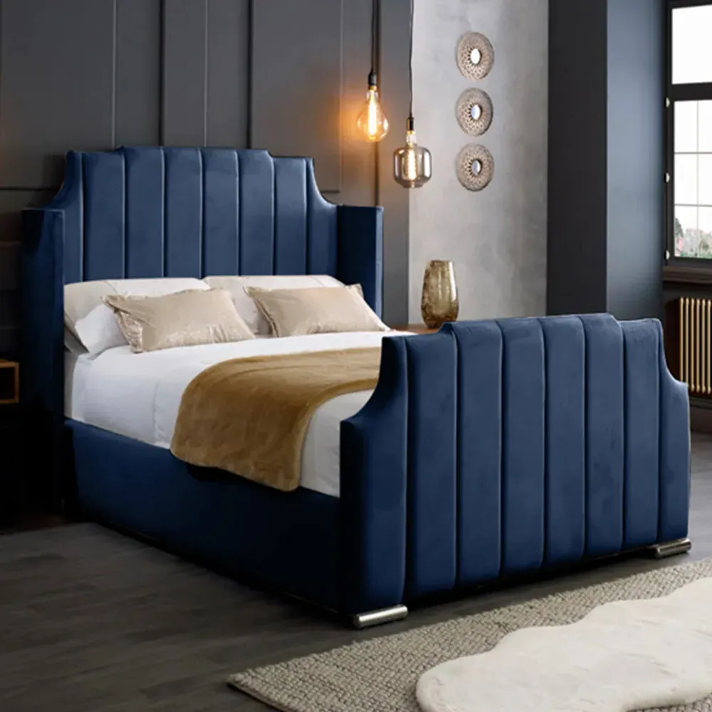 Nelly Super King Size Bed Frame with Winged Headboard - Blue, Velvet