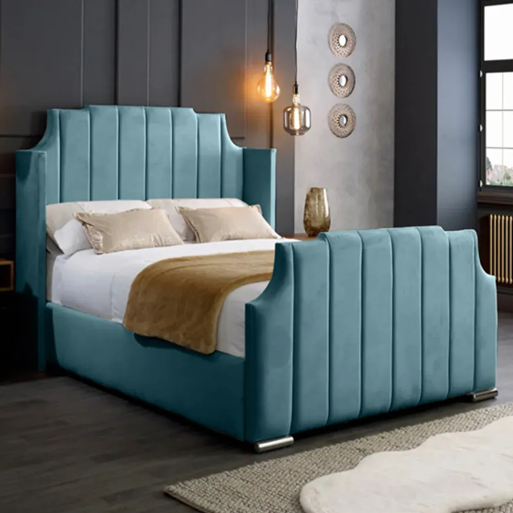 Nelly Super King Size Bed Frame with Winged Headboard - Blue, Velvet