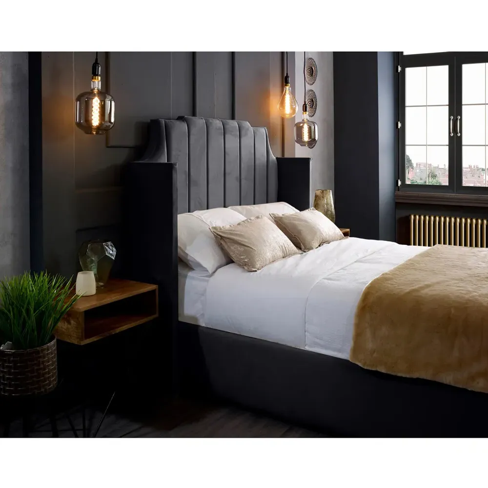 Nelly Super King Size Bed Frame with Winged Headboard - Grey, Velvet