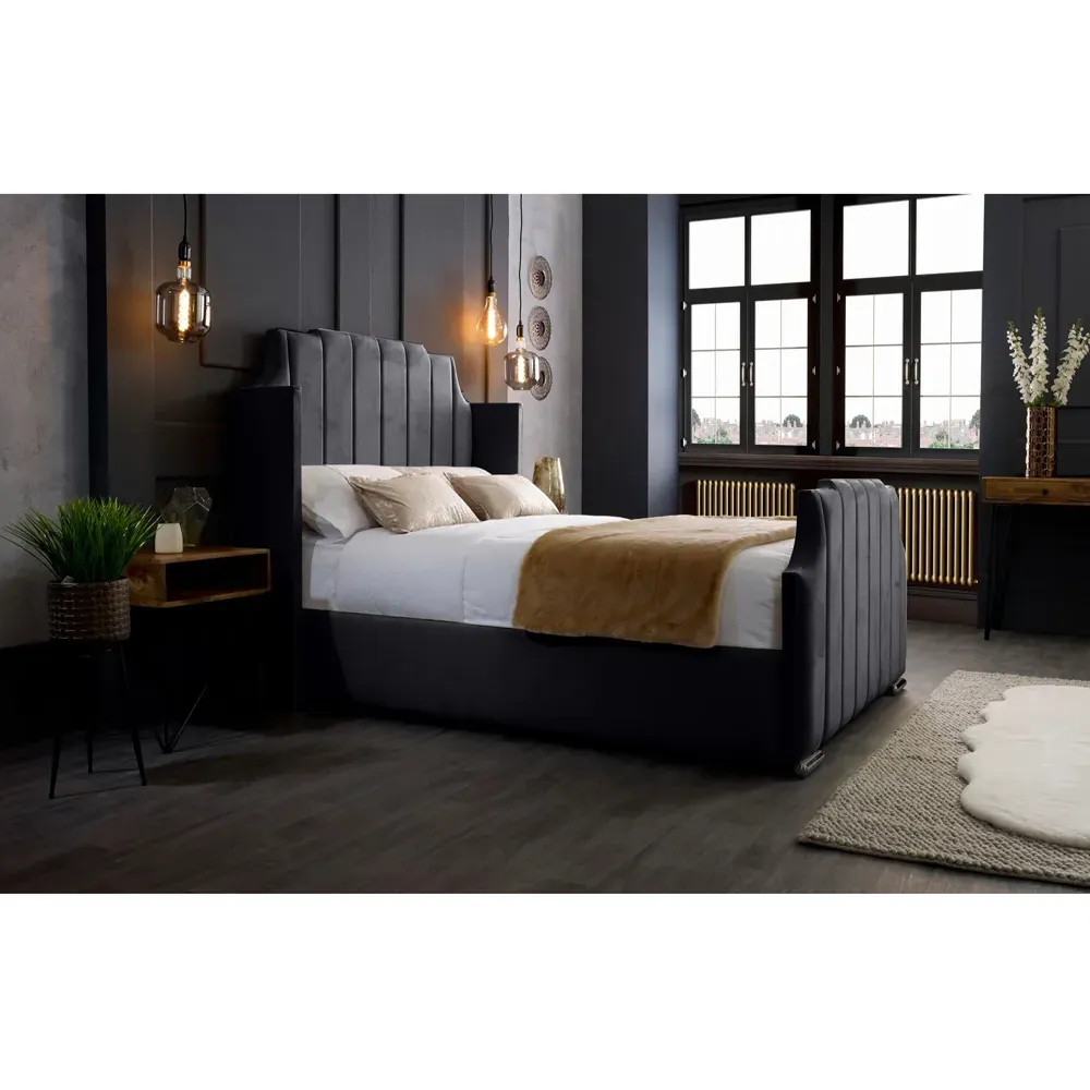 Nelly Super King Size Bed Frame with Winged Headboard - Grey, Velvet