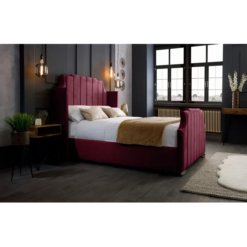Nelly Super King Size Bed Frame with Winged Headboard - Maroon, Velvet