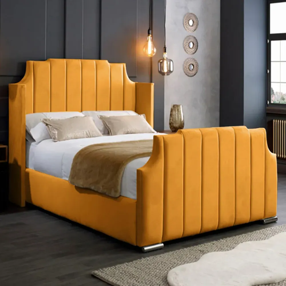 Nelly Super King Size Bed Frame with Winged Headboard - Mustard, Velvet