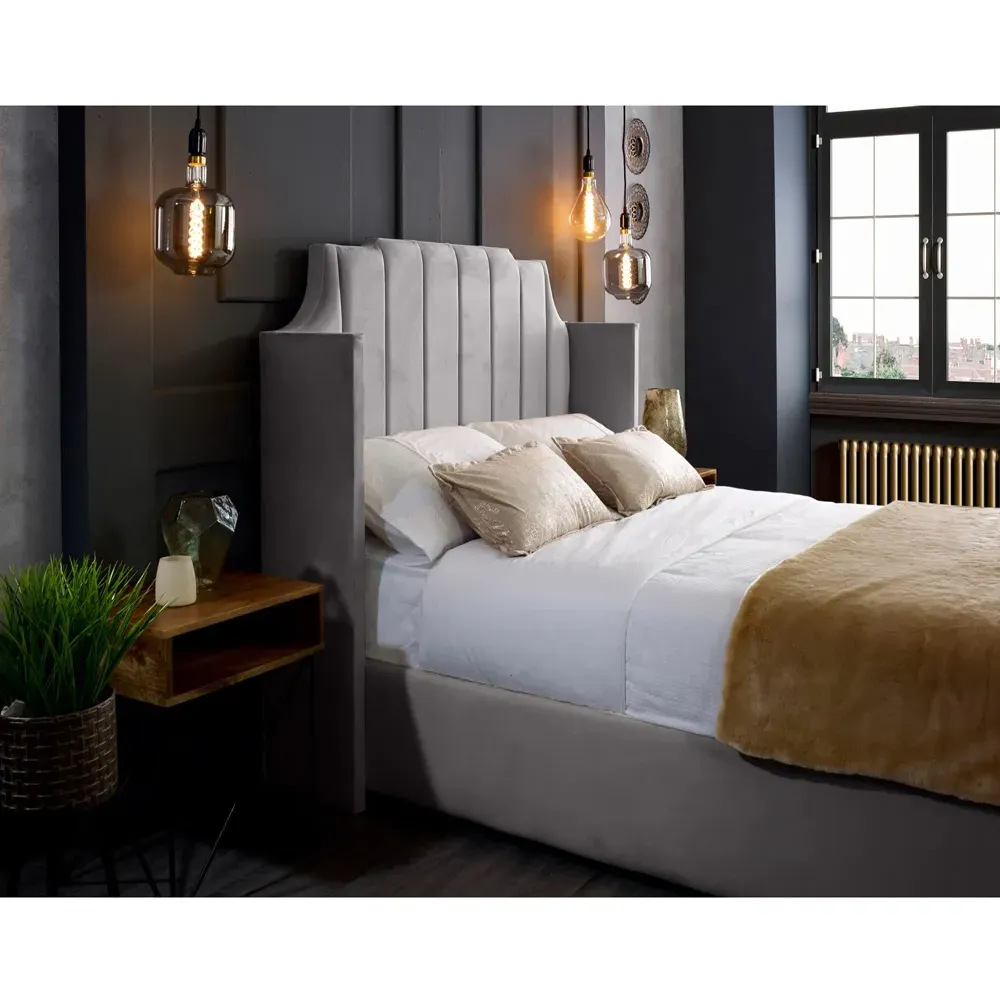 Nelly Super King Size Bed Frame with Winged Headboard - Silver, Velvet
