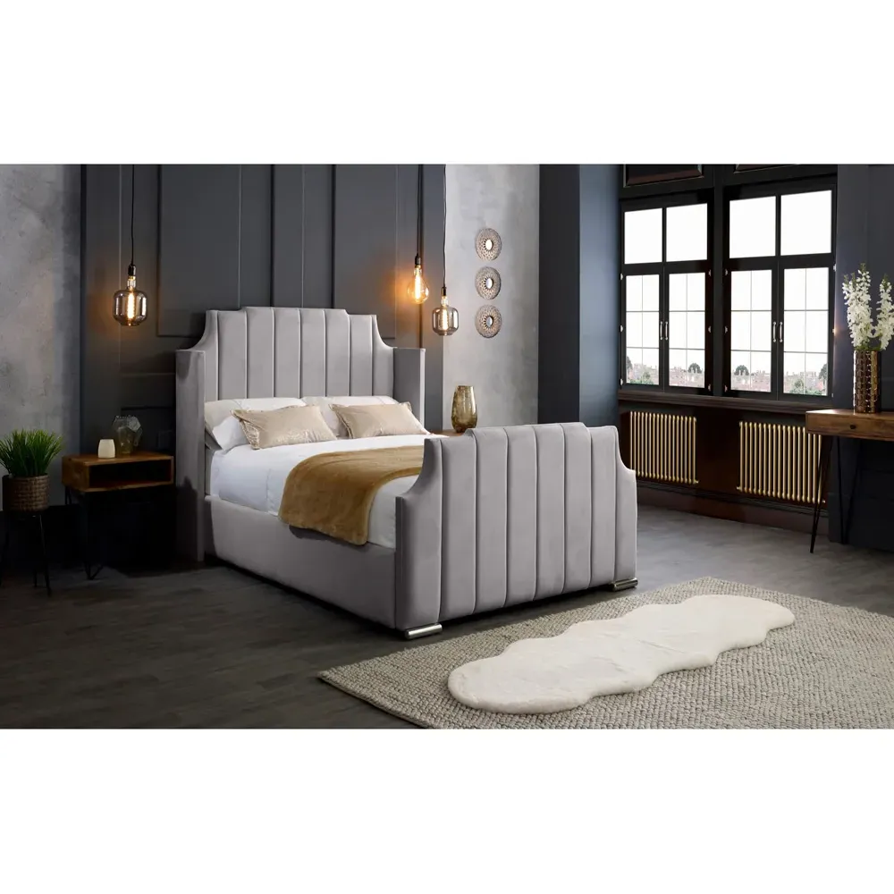 Nelly Super King Size Bed Frame with Winged Headboard - Silver, Velvet