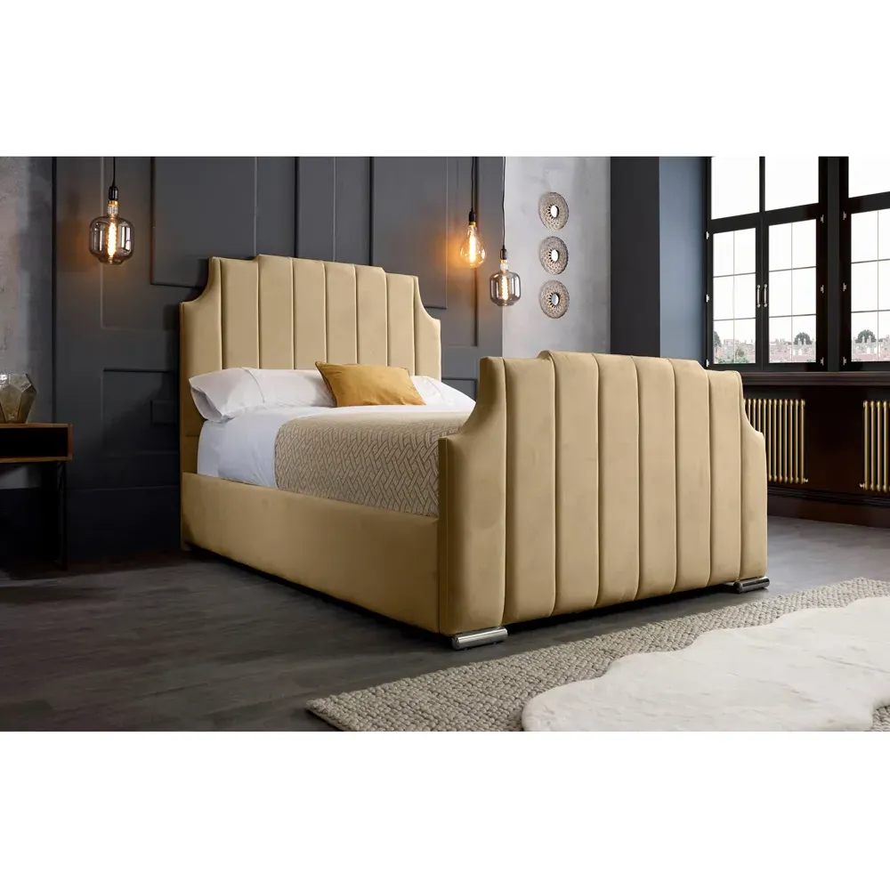Nelson Double Bed Frame with Headboard - Beige, Velvet