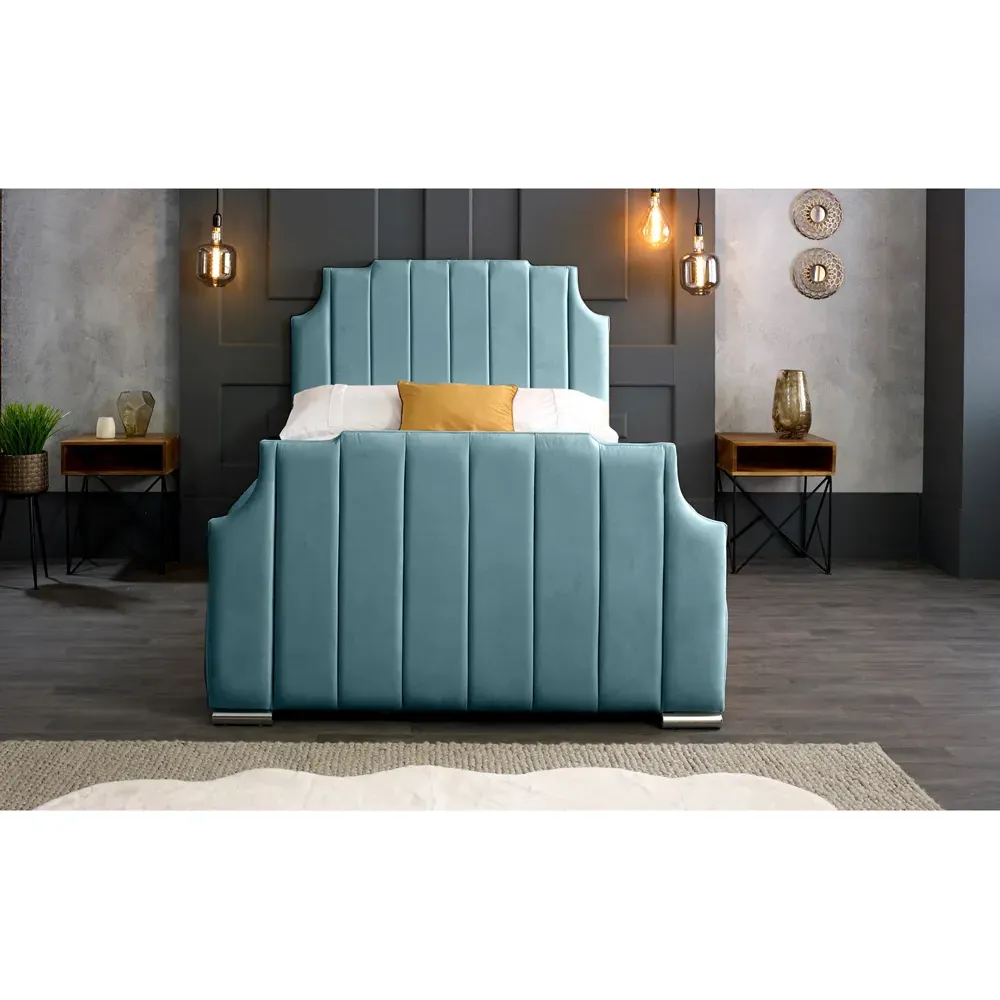 Nelson Double Bed Frame with Headboard - Blue, Velvet