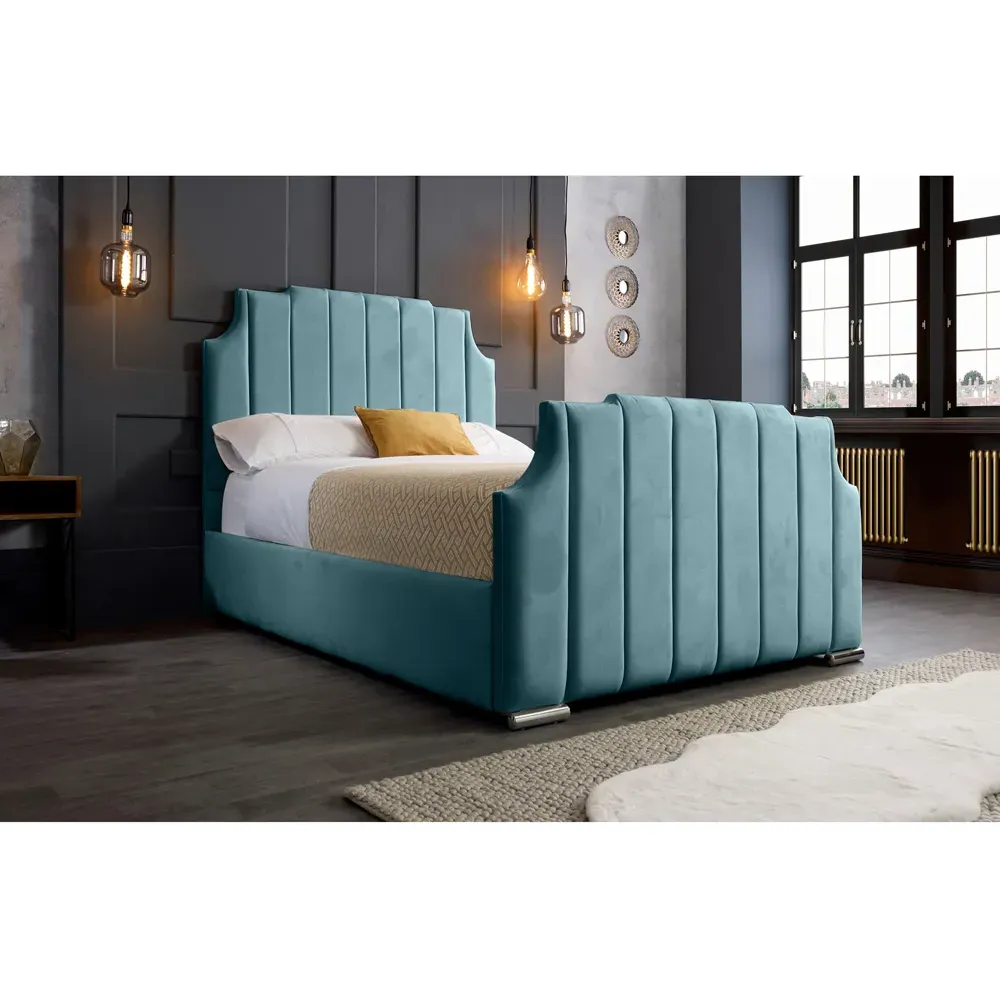 Nelson Double Bed Frame with Headboard - Blue, Velvet