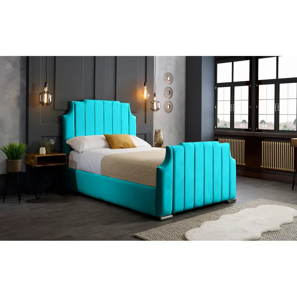 Nelson King Size Bed Frame with Headboard - Blue, Velvet