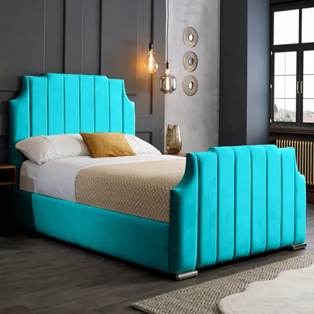 Nelson King Size Bed Frame with Headboard - Blue, Velvet