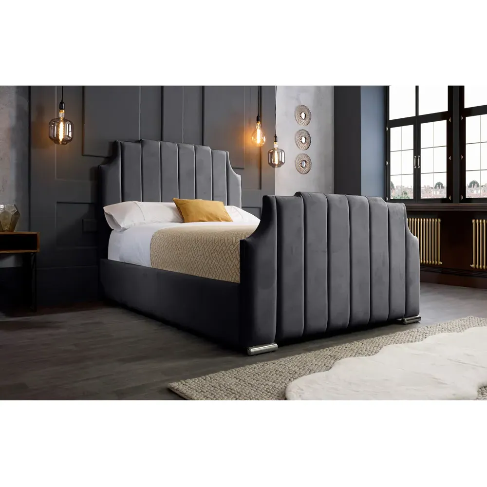 Nelson King Size Bed Frame with Headboard - Grey, Velvet