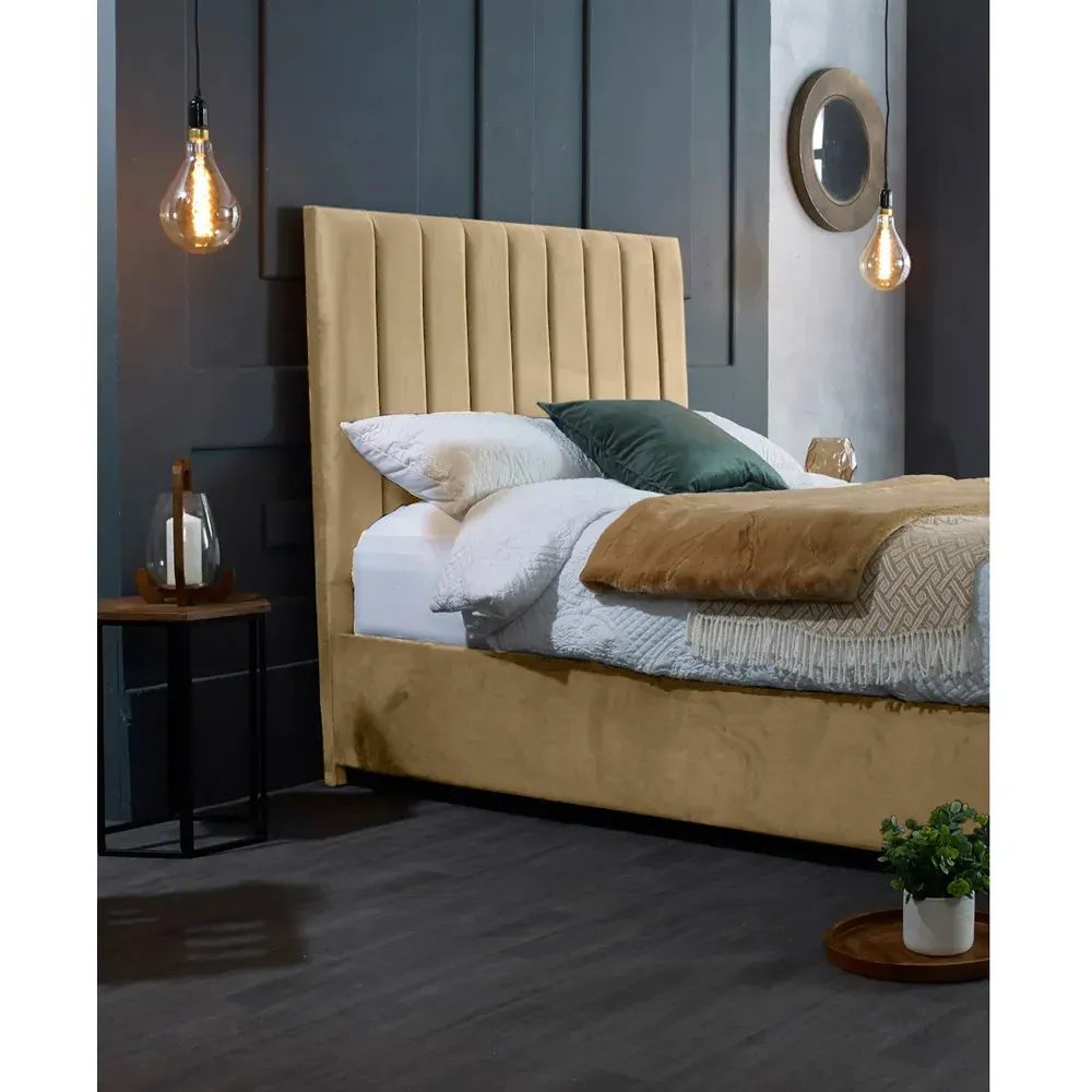 Redding Double Bed Frame with Headboard - Beige, Velvet