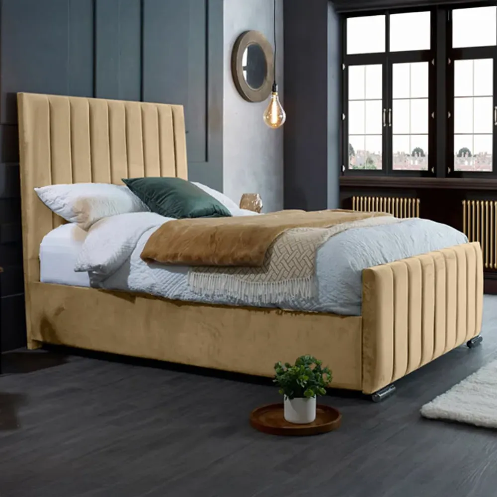 Redding King Size Bed Frame with Headboard - Beige, Velvet