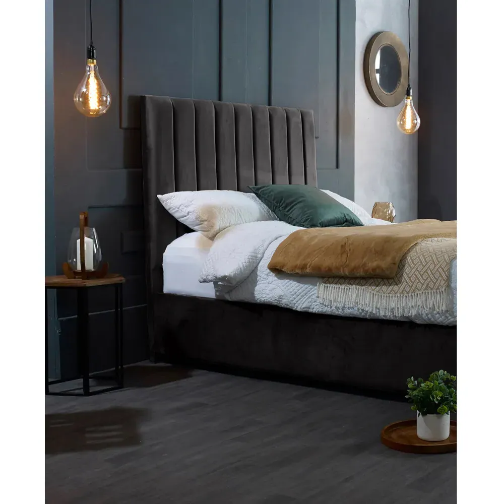 Redding King Size Bed Frame with Headboard - Black, Velvet