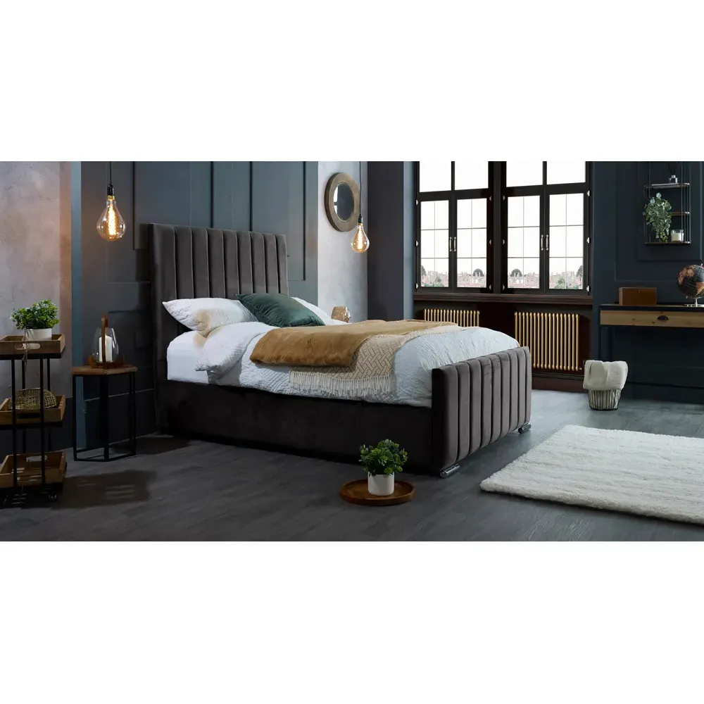 Redding King Size Bed Frame with Headboard - Black, Velvet