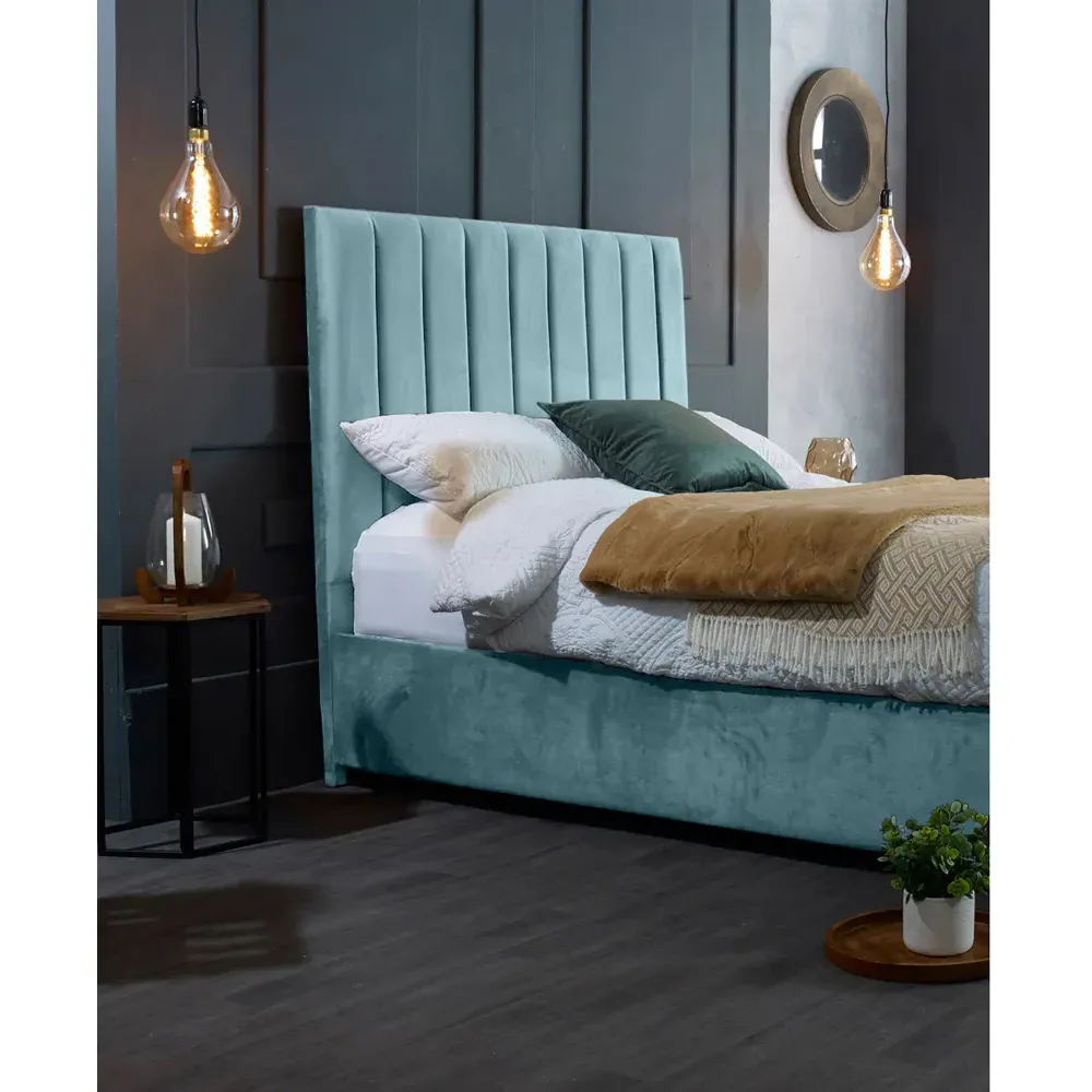 Redding King Size Bed Frame with Headboard - Blue, Velvet
