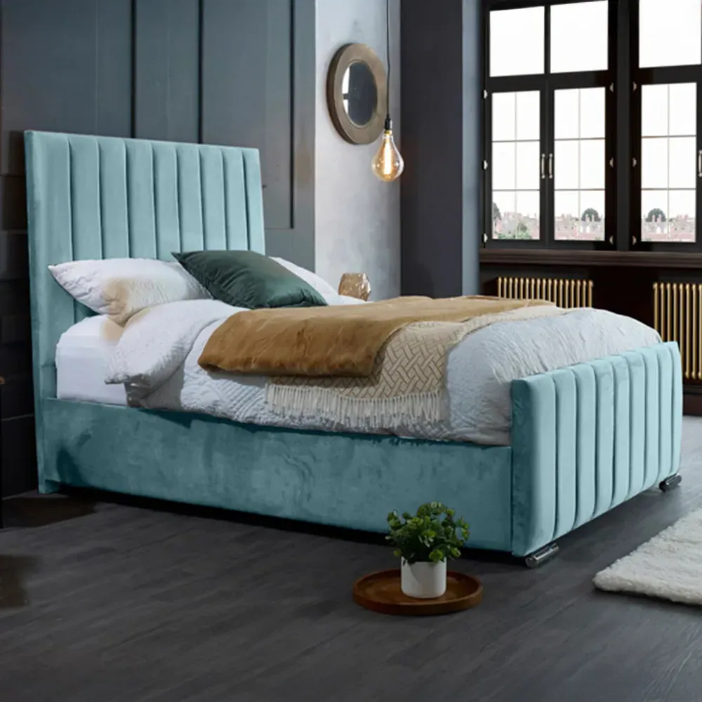Redding King Size Bed Frame with Headboard - Blue, Velvet