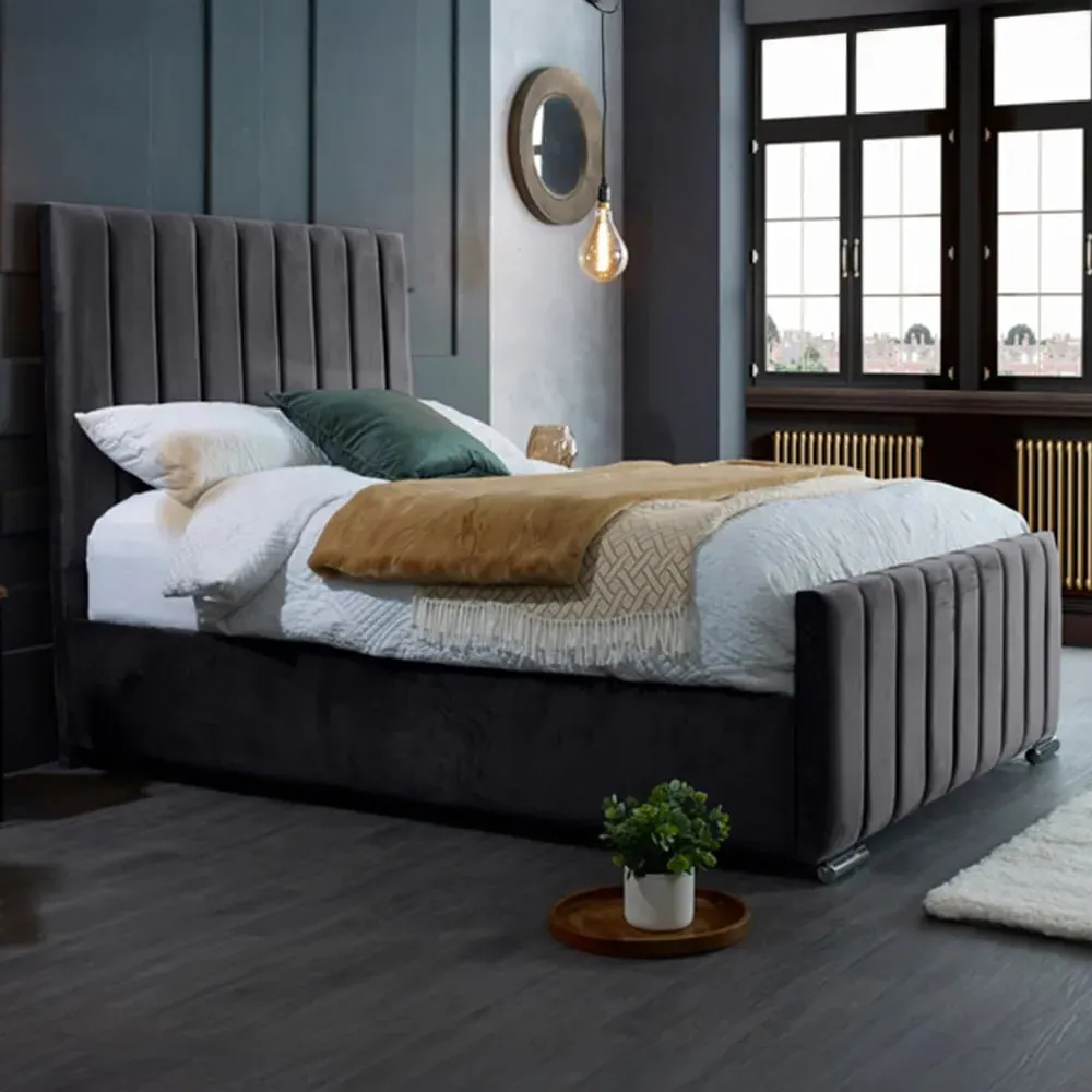 Redding King Size Bed Frame with Headboard - Grey, Velvet