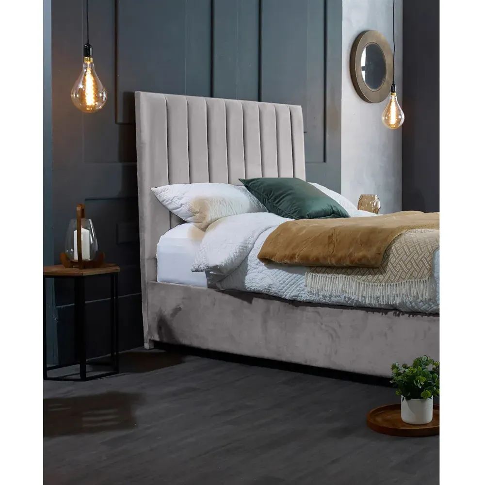 Redding King Size Bed Frame with Headboard - Silver, Velvet