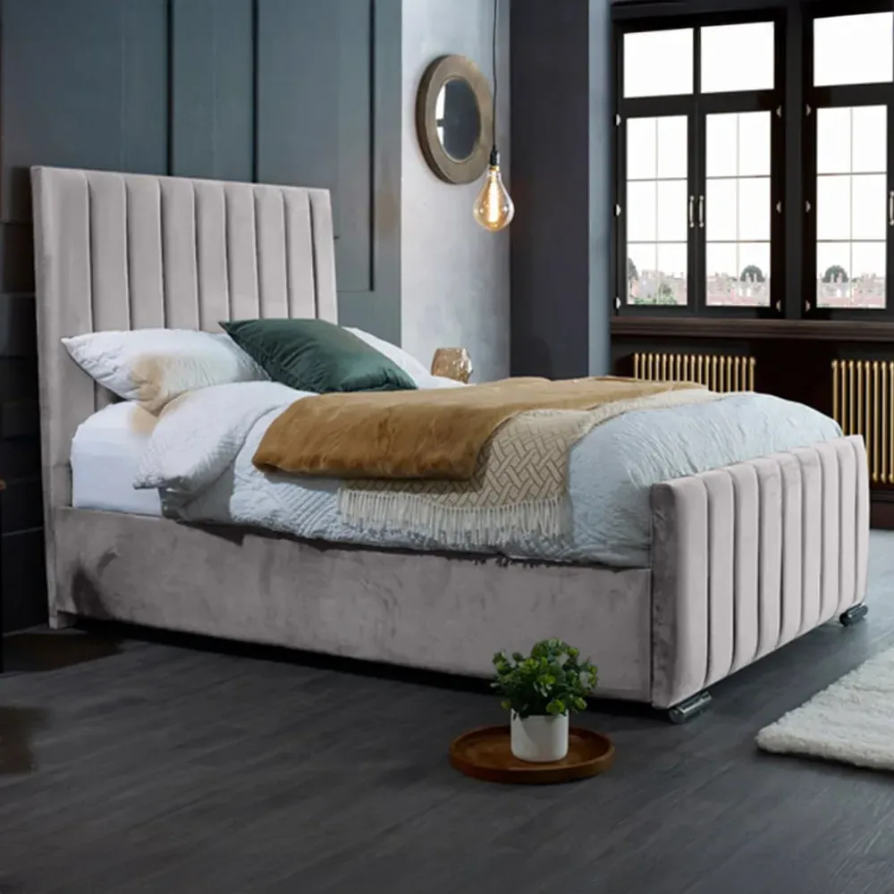 Redding King Size Bed Frame with Headboard - Silver, Velvet