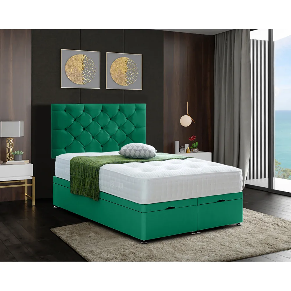 Resthaven King Size Ottoman Bed with Storage - Green, Velvet