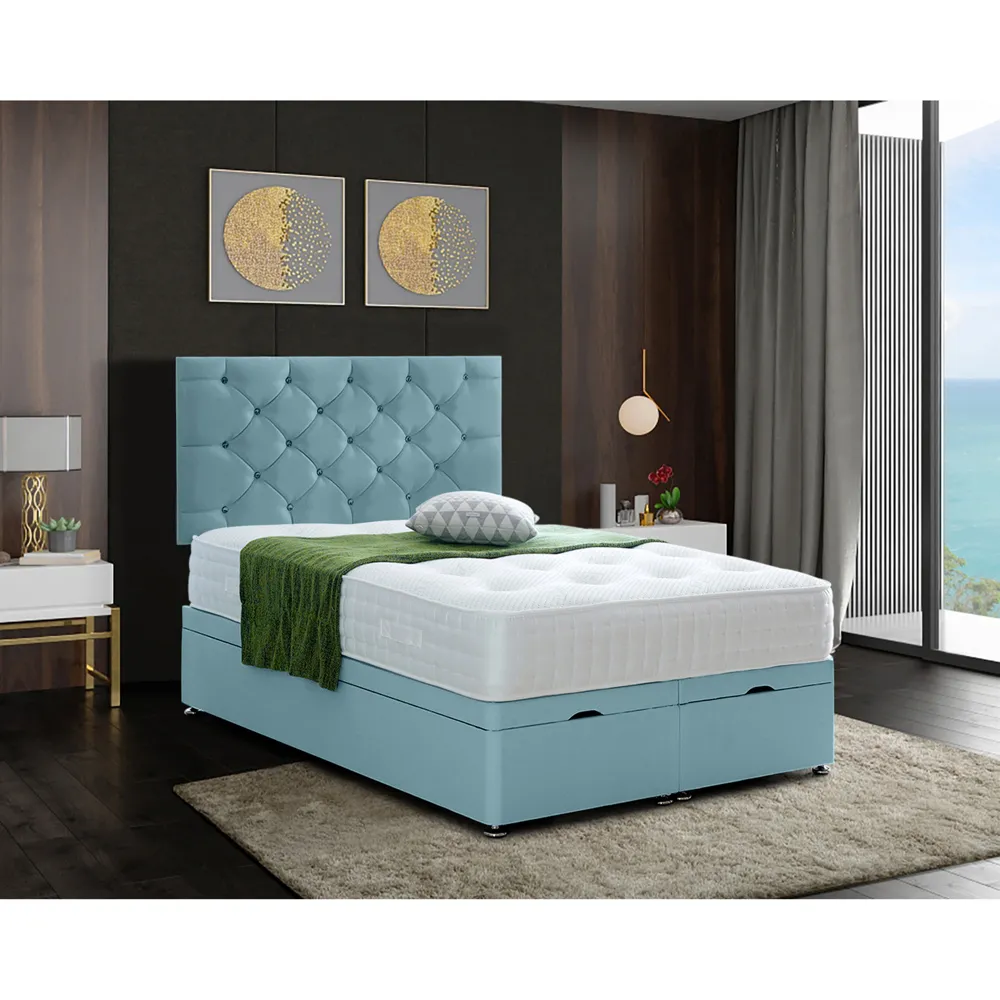 Resthaven Single Ottoman Bed with Storage - Blue, Velvet