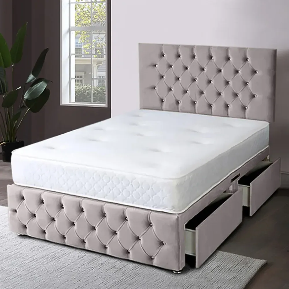 Serenova Double Divan Bed with Storage - Silver, Velvet