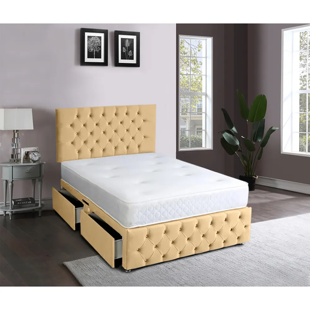 Serenova King Size Divan Bed with Storage - Beige, Velvet