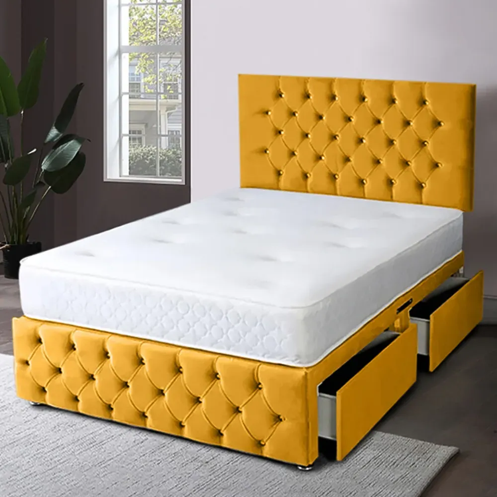 Serenova Single Divan Bed with Storage - Mustard, Velvet