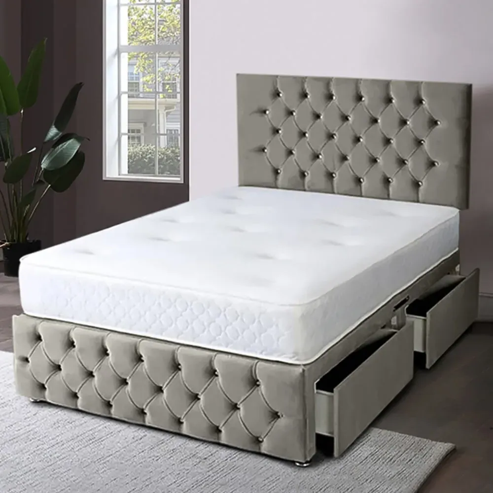 Serenova Small Double Divan Bed with Storage - Grey, Velvet