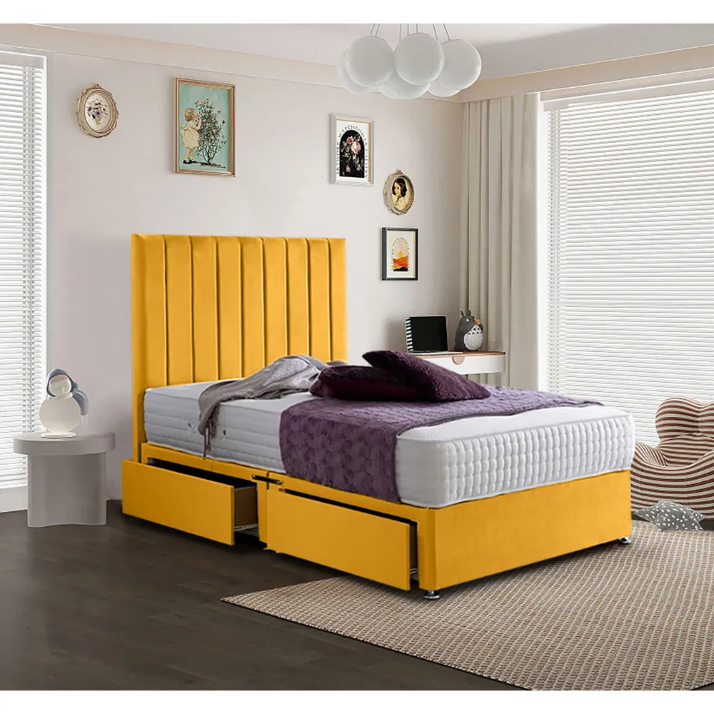 Sleepytime King Size Divan Bed with Storage - Mustard, Velvet