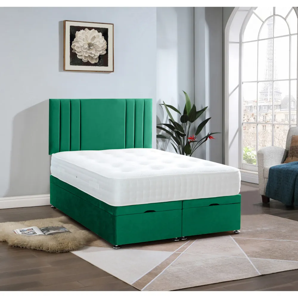 Slumberlyn Double Divan Ottoman Bed with Storage - Green, Velvet