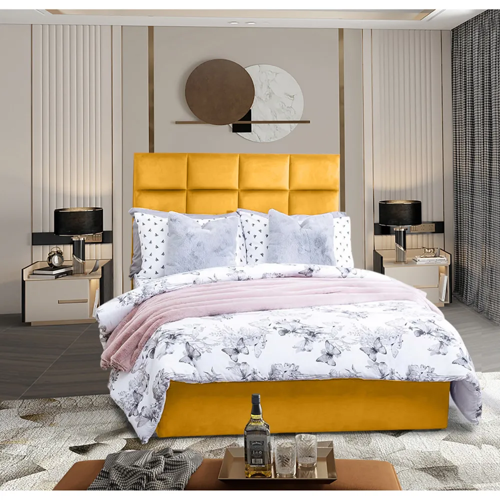 Snoozer King Size Divan Bed with Headboard - Yellow, Velvet
