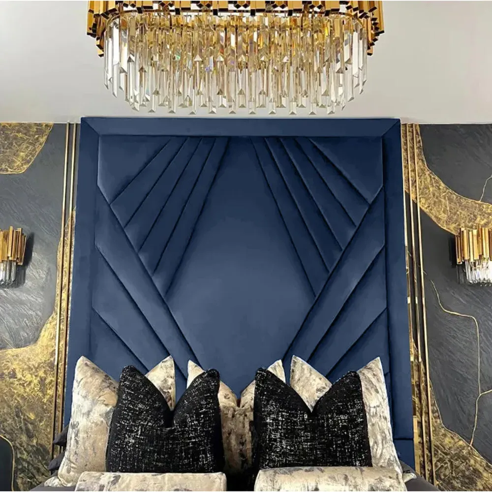 Solia Double Bed Frame with Headboard - Blue, Velvet