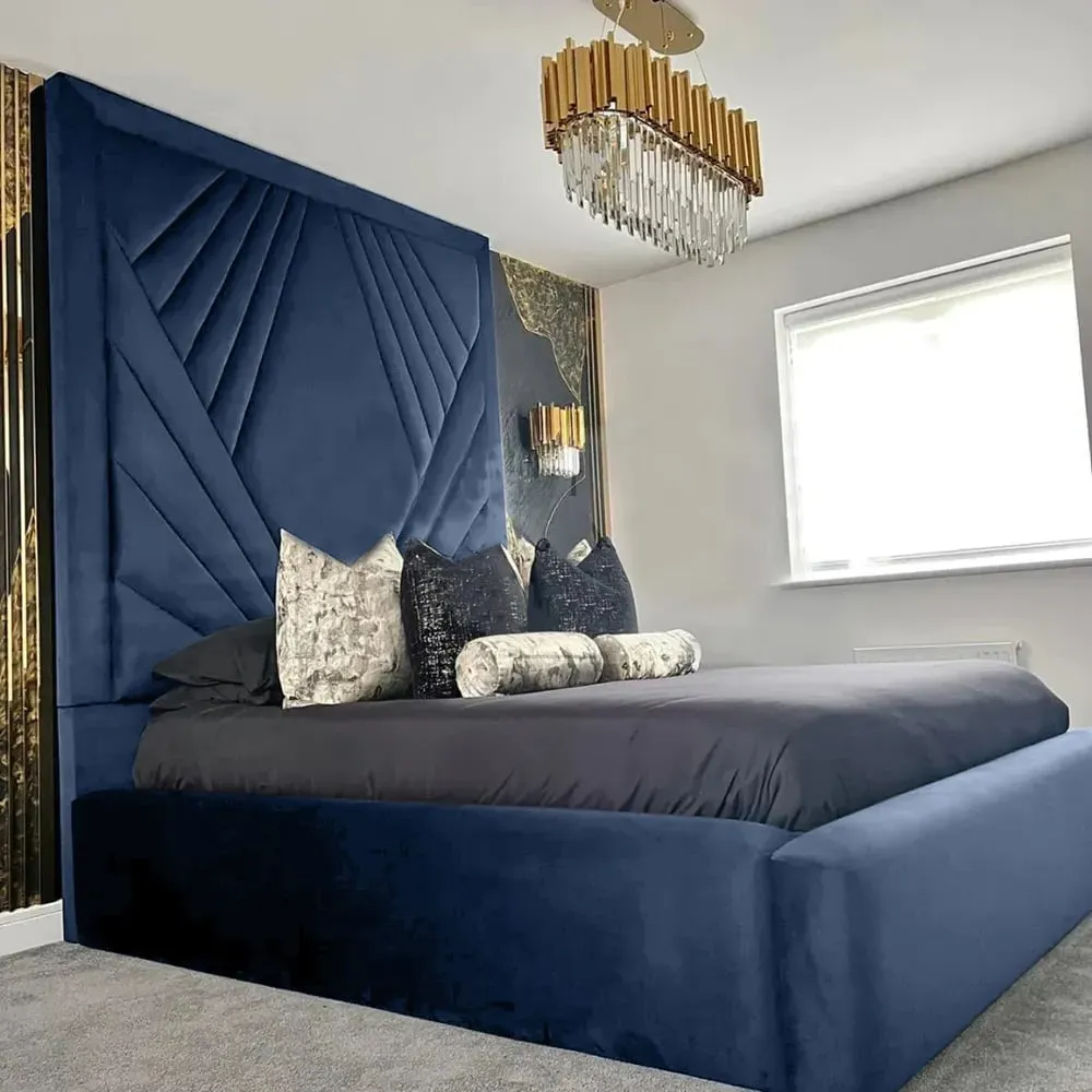 Solia Double Bed Frame with Headboard - Blue, Velvet