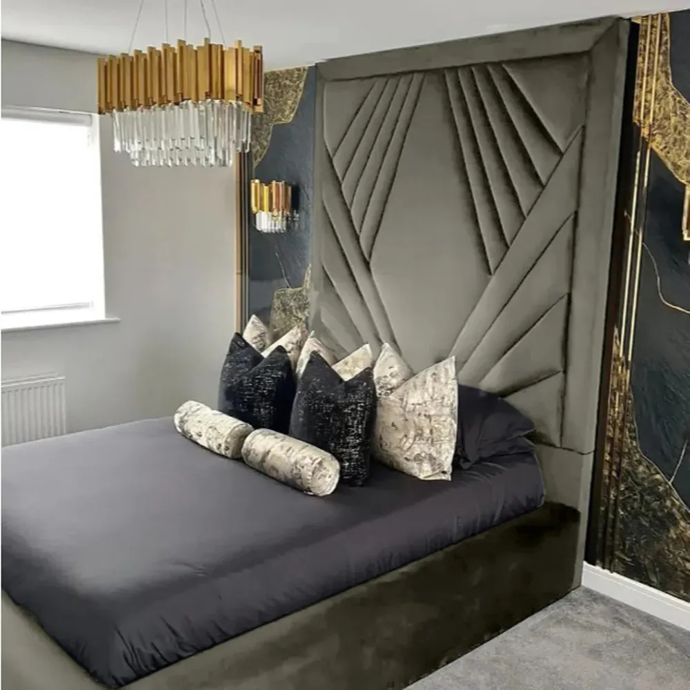 Solia Double Bed Frame with Headboard - Grey, Velvet