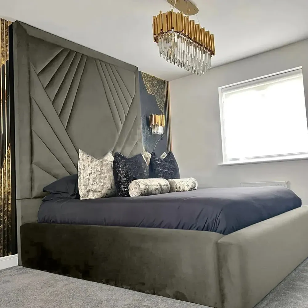 Solia Double Bed Frame with Headboard - Grey, Velvet