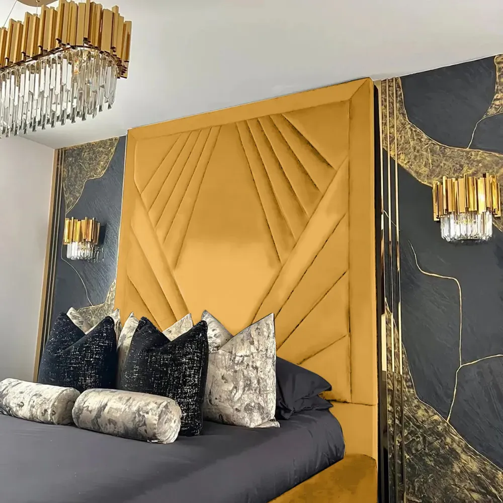 Solia Double Bed Frame with Headboard - Orange, Velvet