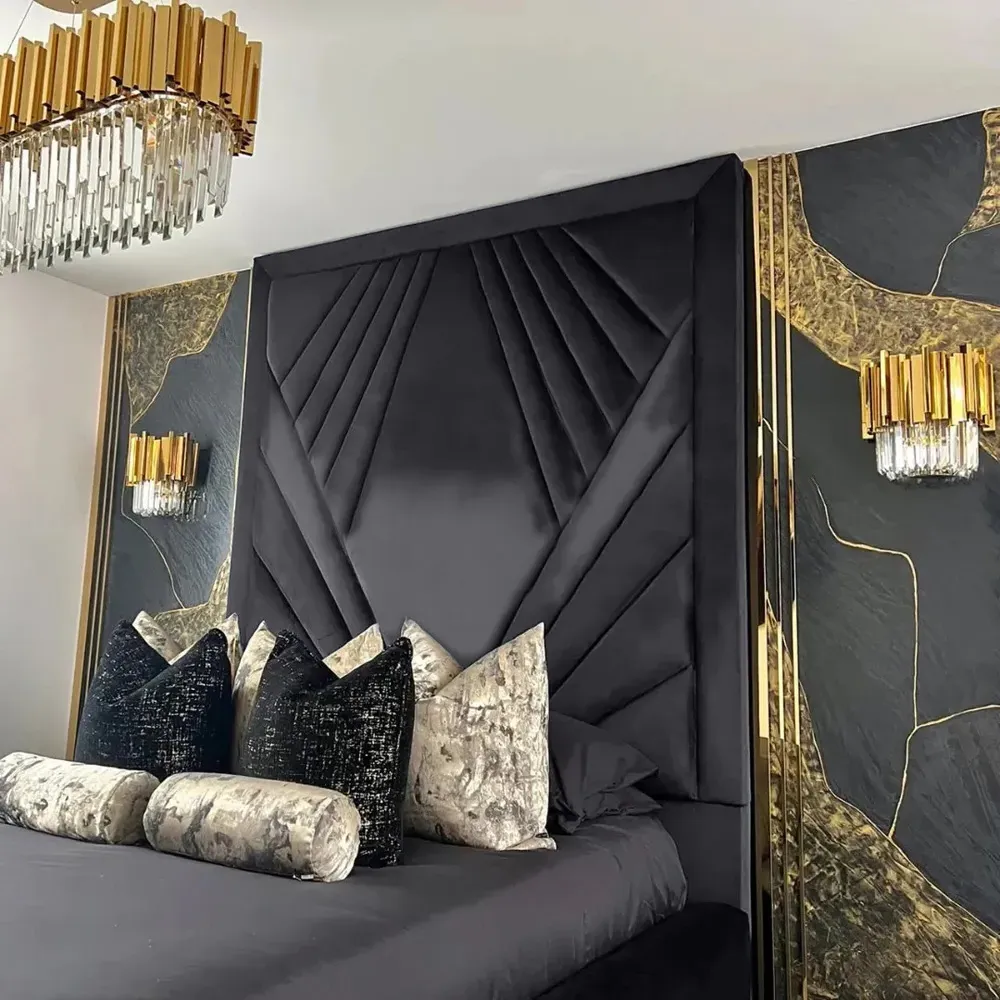 Solia King Size Bed Frame with Headboard - Grey, Velvet