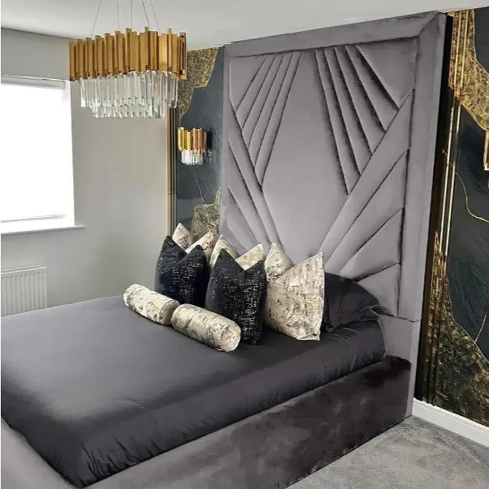 Solia King Size Bed Frame with Headboard - Silver, Velvet