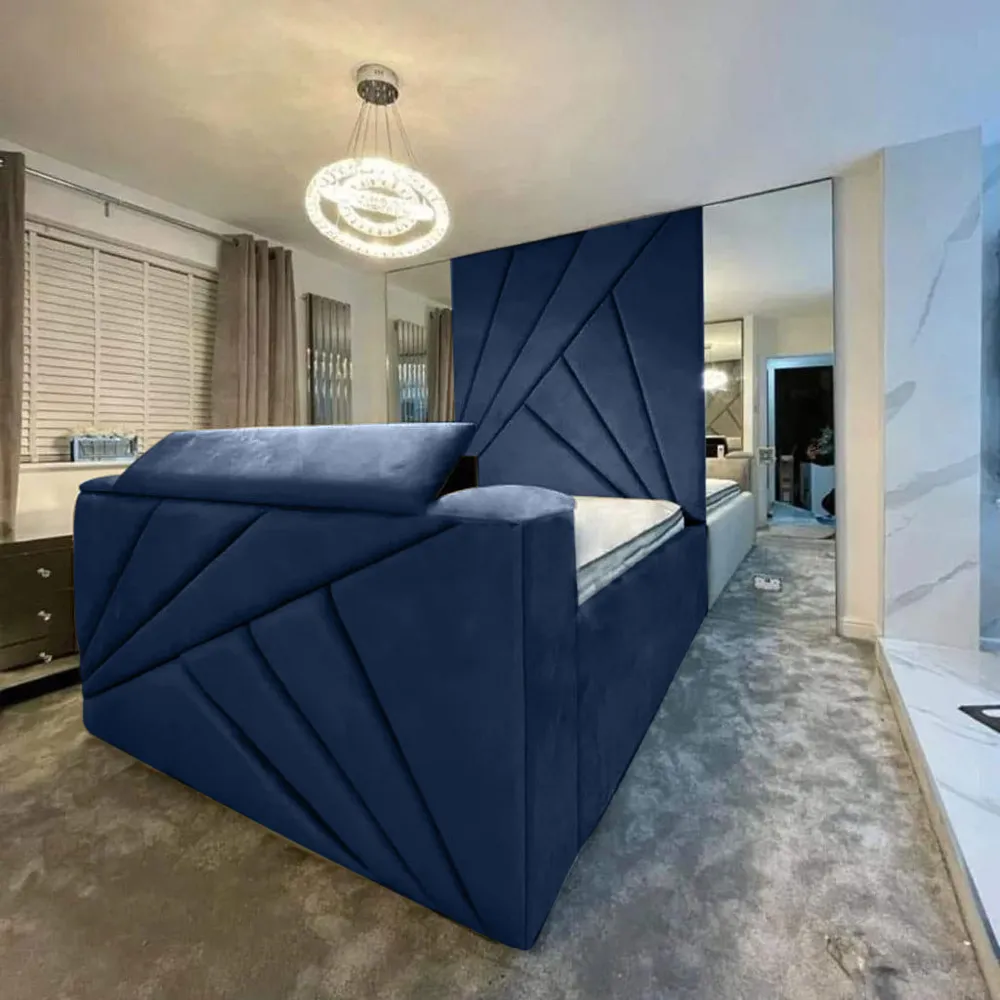 Tina Double Size TV Bed Frame with Remote - Blue, Velvet