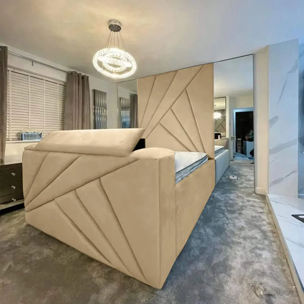 Tina Double Size TV Bed Frame with Remote - Cream, Velvet