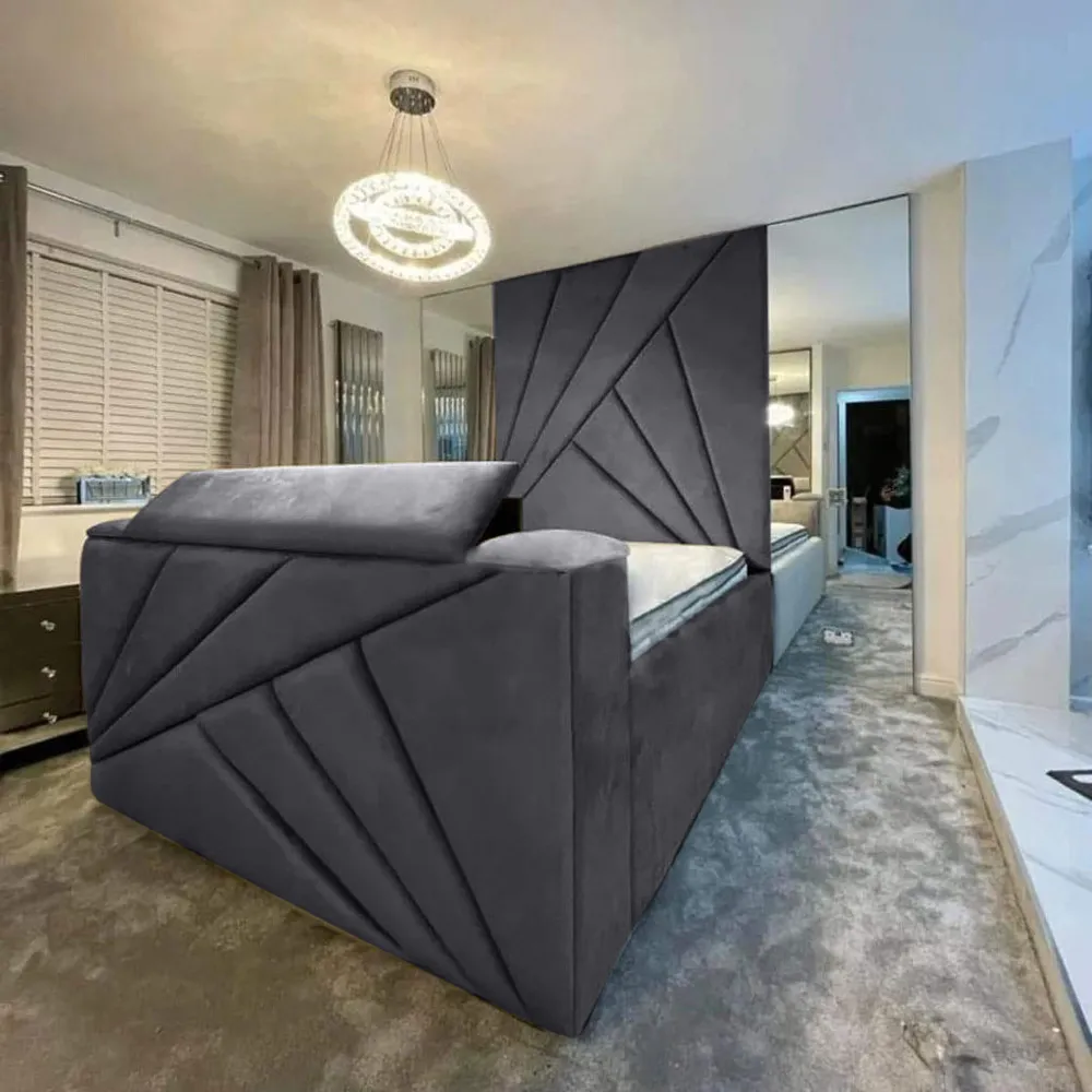 Tina Double Size TV Bed Frame with Remote - Grey, Velvet