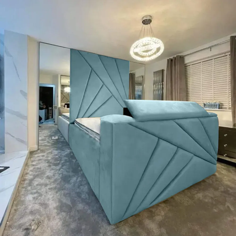 Tina King Size TV Bed Frame with Remote - Blue, Velvet