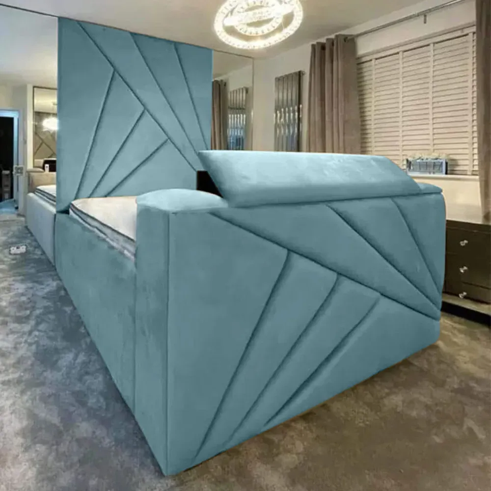 Tina King Size TV Bed Frame with Remote - Blue, Velvet