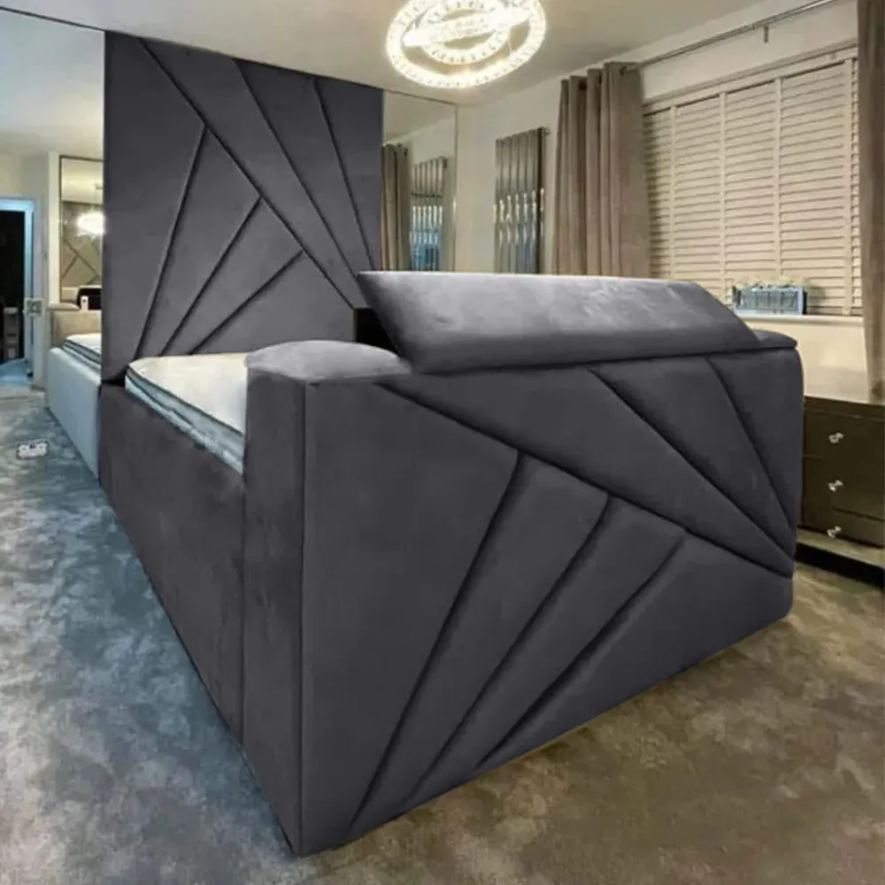 Tina King Size TV Bed Frame with Remote - Grey, Velvet image