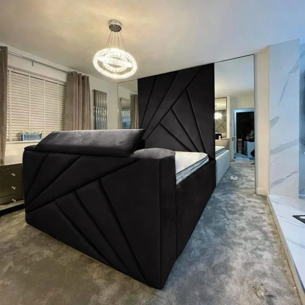 Tina Super King Size TV Bed Frame with Remote - Black, Velvet