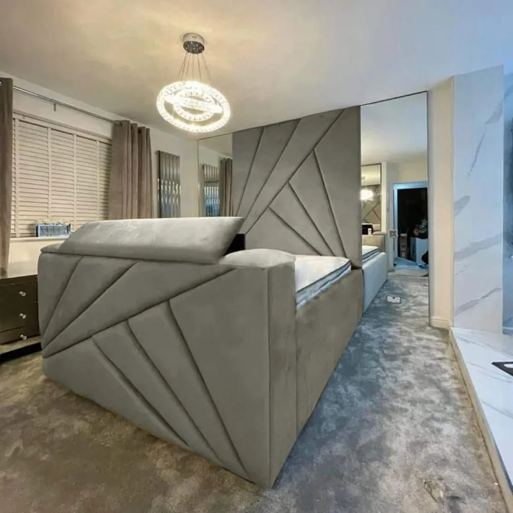 Tina Super King Size TV Bed Frame with Remote - Grey, Velvet