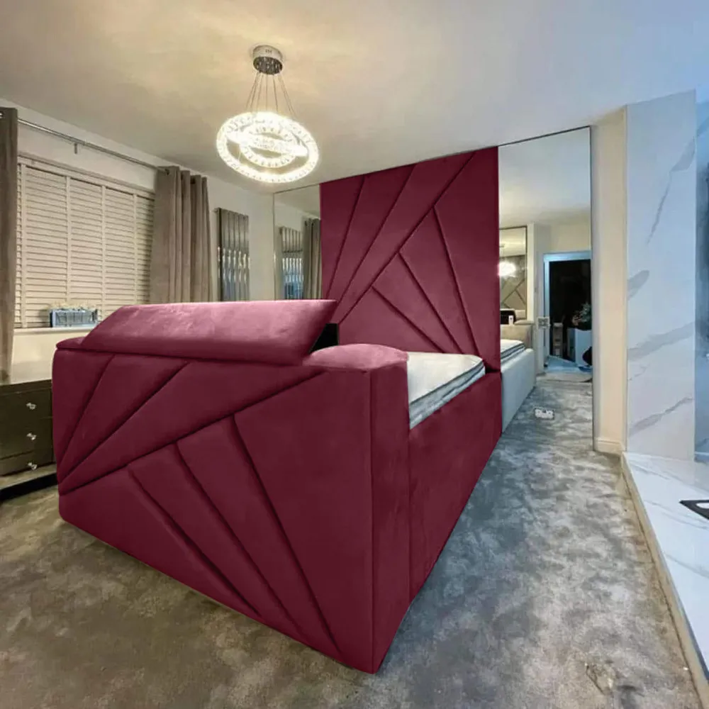 Tina Super King Size TV Bed Frame with Remote - Maroon, Velvet